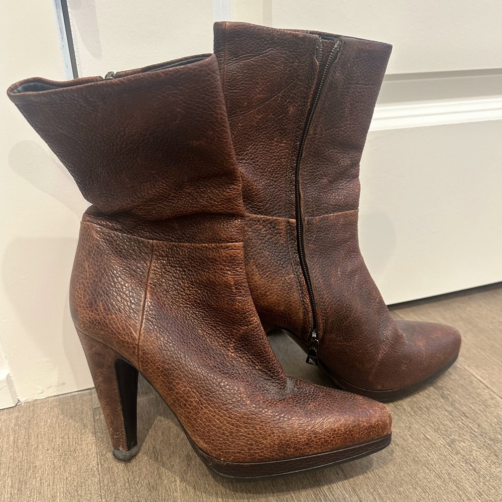 PRADA Pebbled Leather Platform Heeled Boot ($1395 Retail)